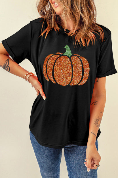 Black Glittering Pumpkin Graphic Halloween T Shirt