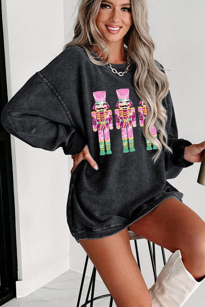 Black Christmas Sequined Nutcrackers Mineral Wash Corded Sweatshirt