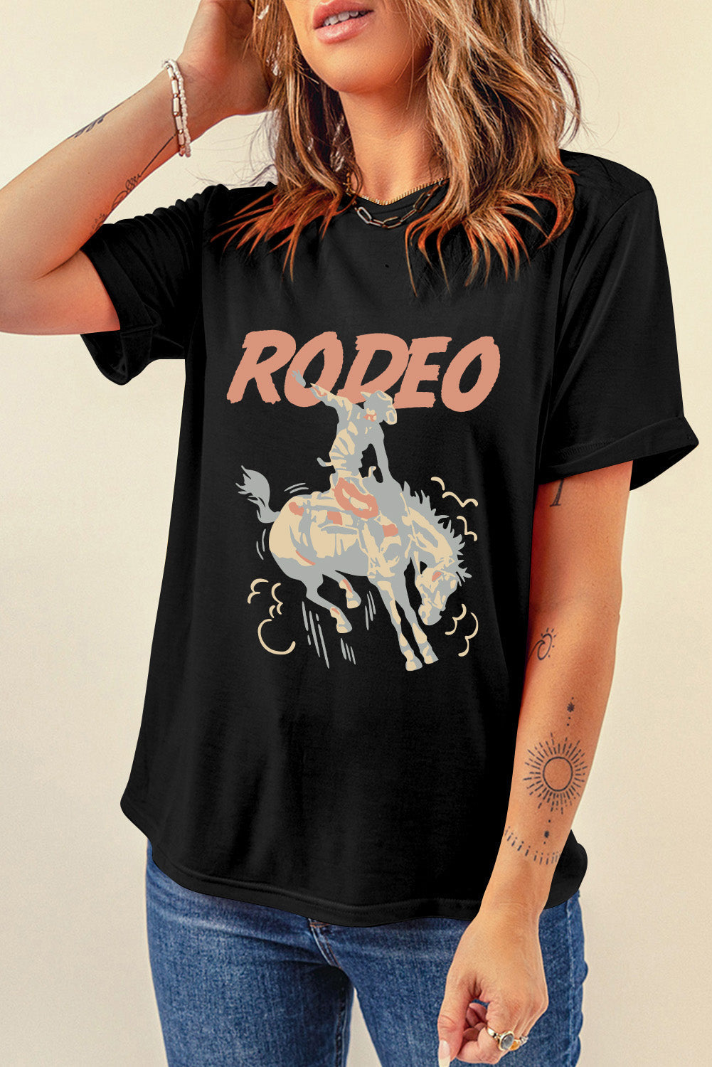 Black RODEO Cowboy Graphic Crewneck T Shirt