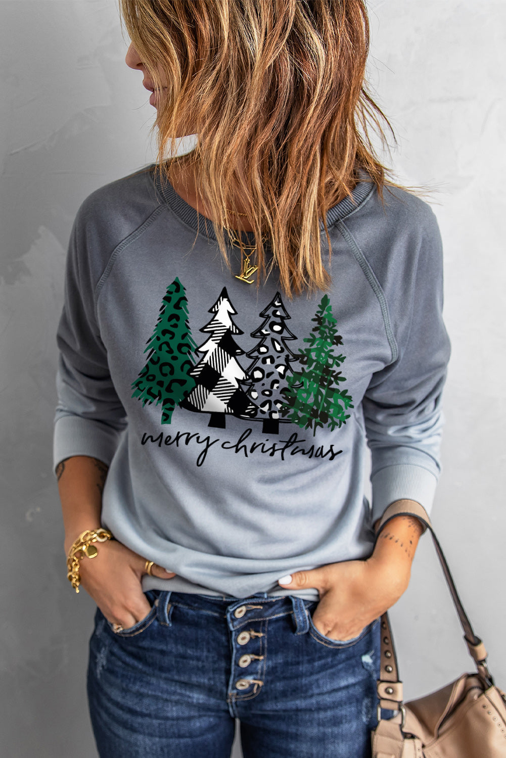 Gray Merry Christmas Tree Gradient Color Print Graphic Sweatshirt