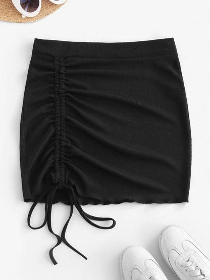 Ribbed Cinched Tie Ruched Bodycon Skirt - LuckyFash™