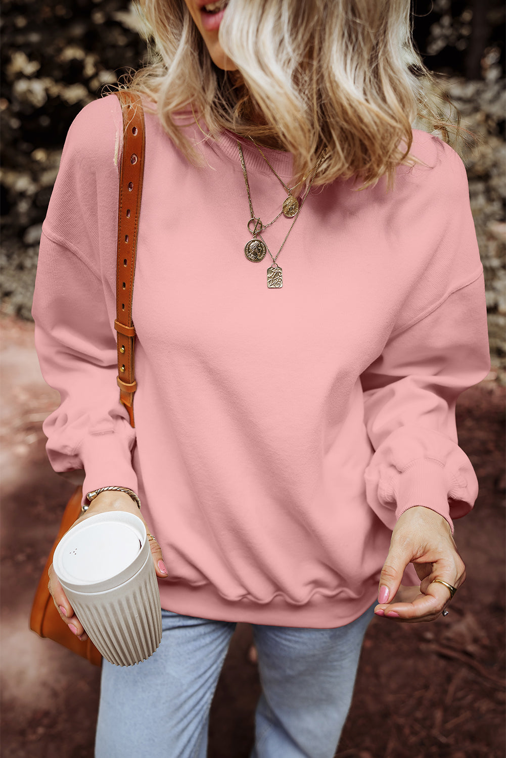 Pink Loose Drop Shoulder Ribbed Sweatshirt