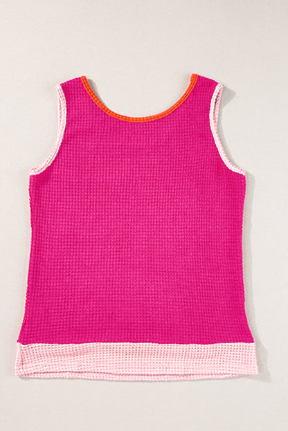 Rose Red Color Block Patched Pocket Breathable Knit Tank Top