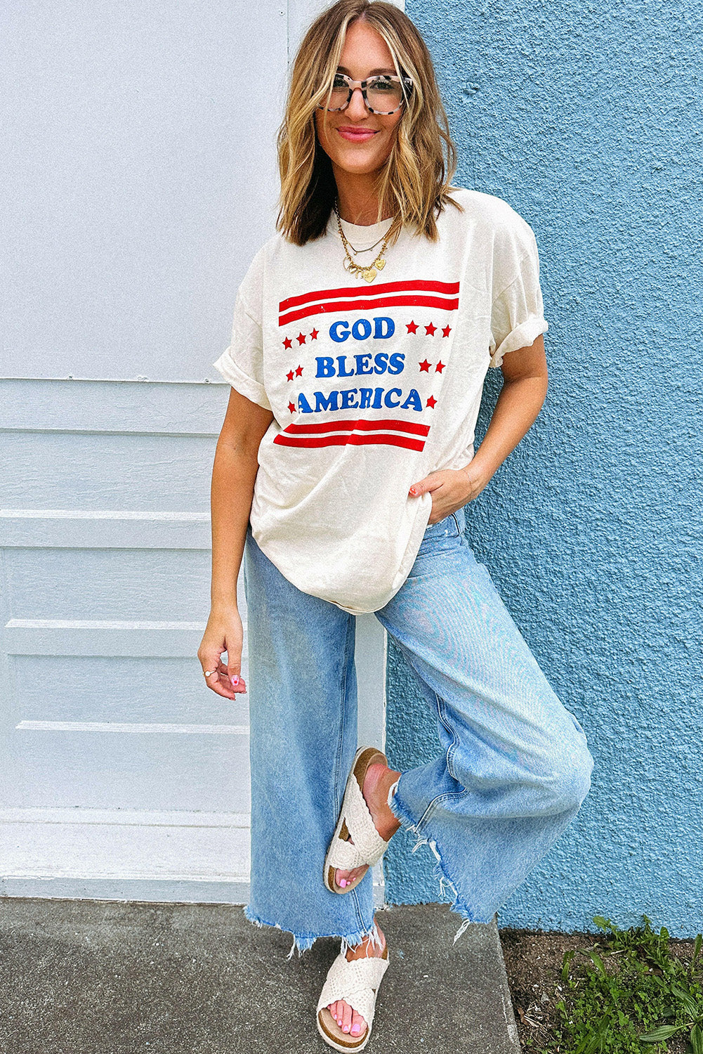 White GOD BLESS AMERICAN Star and Stripe T-Shirts