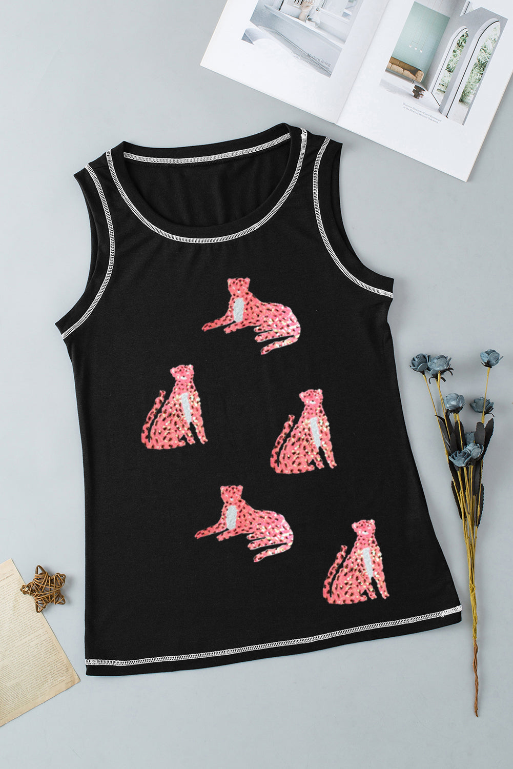 Black Sequin Cheetah Round Neck Stitching Loose Tank Top