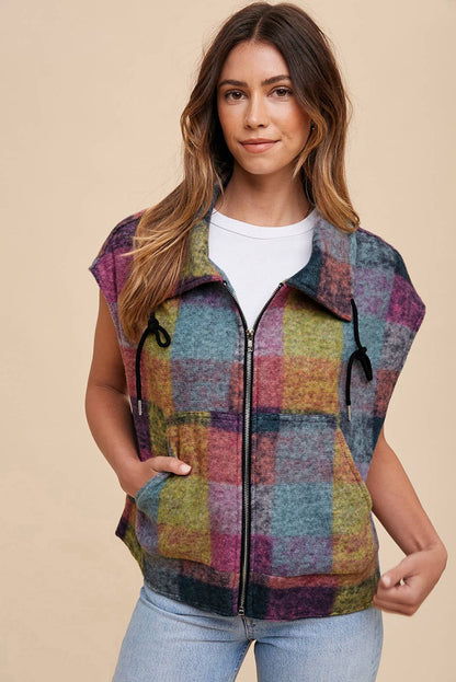 Multicolor Plaid Print Side Pockets Zipped Loose Vest