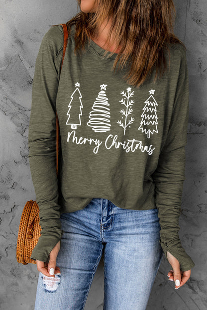 Green Merry Christmas Trees Thumbhole Sleeve T-Shirts