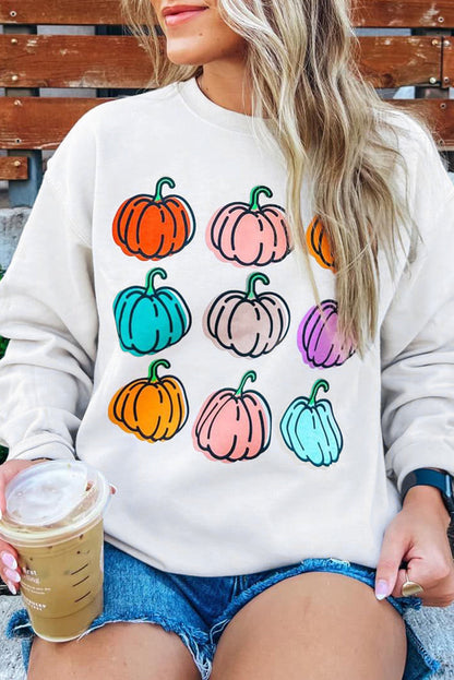 Beige Vibrant Pumpkins Print Crew Neck Halloween Sweatshirt