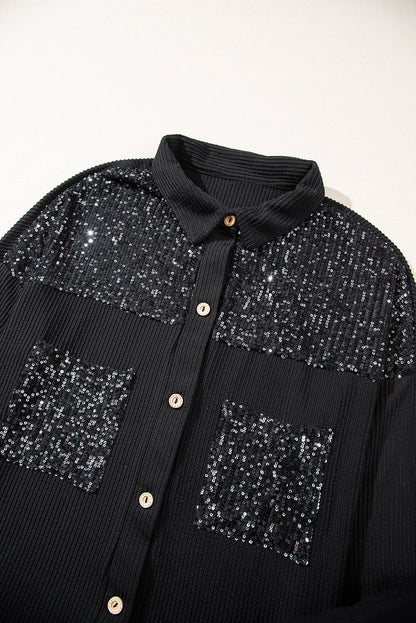 Black Sequin Patch Chest Pocket Corded Shacket