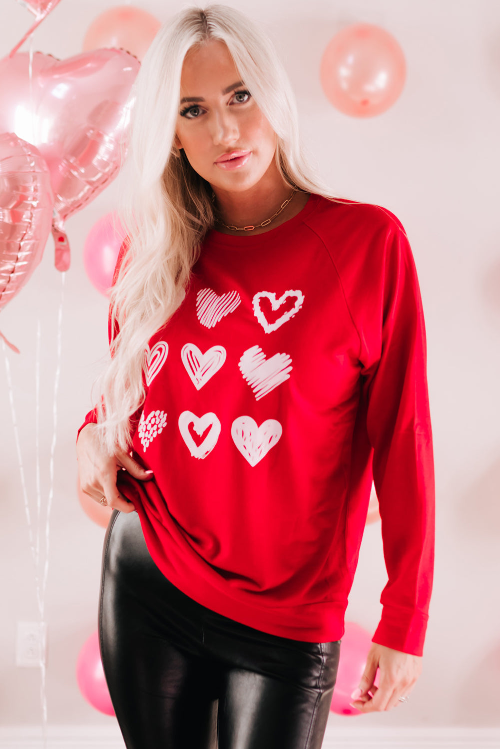 Fiery Red Hearts Print Crewneck Long Sleeve Sweatshirt