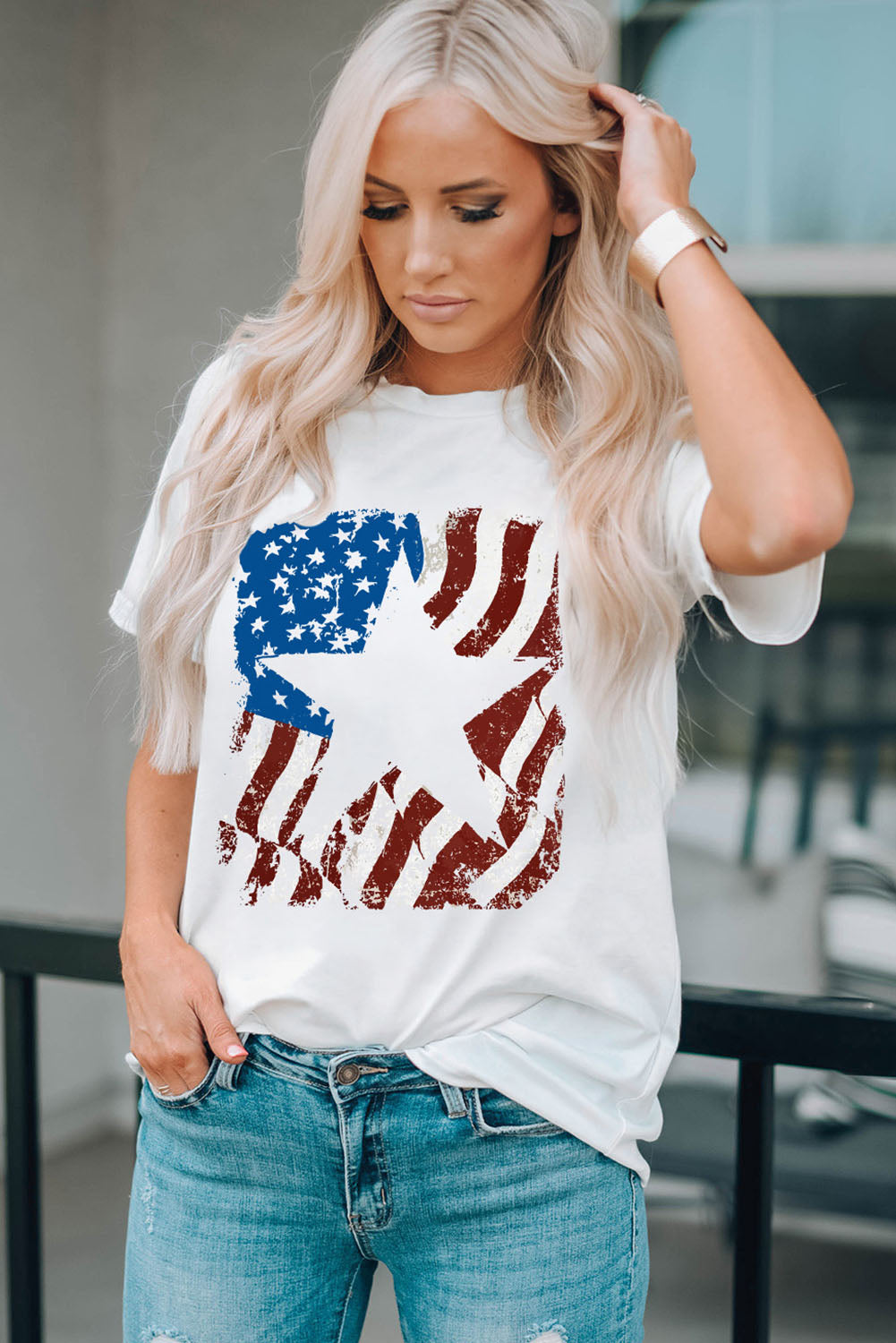 White American Flag Star Graphic Crew Neck T Shirt