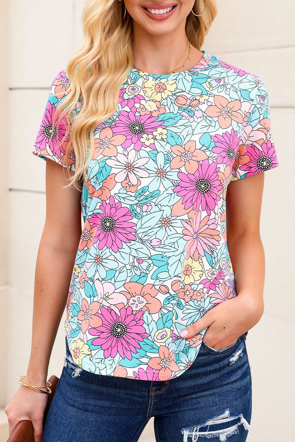 Multicolor Floral Print Asymmetric Hem Short Sleeve Top