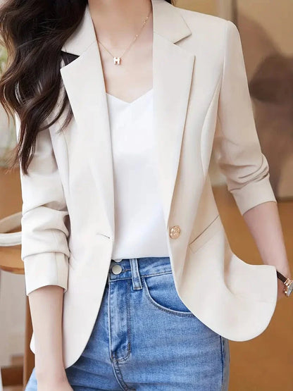 Ladies' Solid Button-Up Blazer with Long Sleeves, Casual Lapel Design