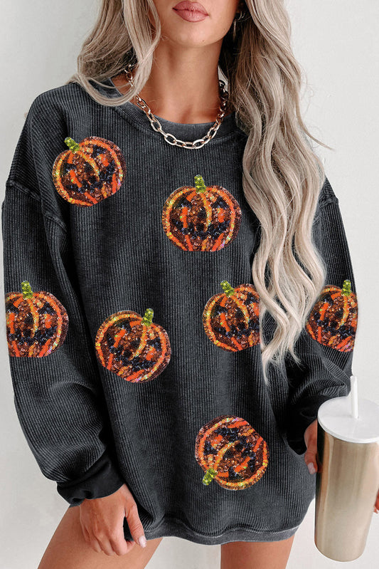 Black Sequined Jack O Lantern Corded Baggy Sweatshirt