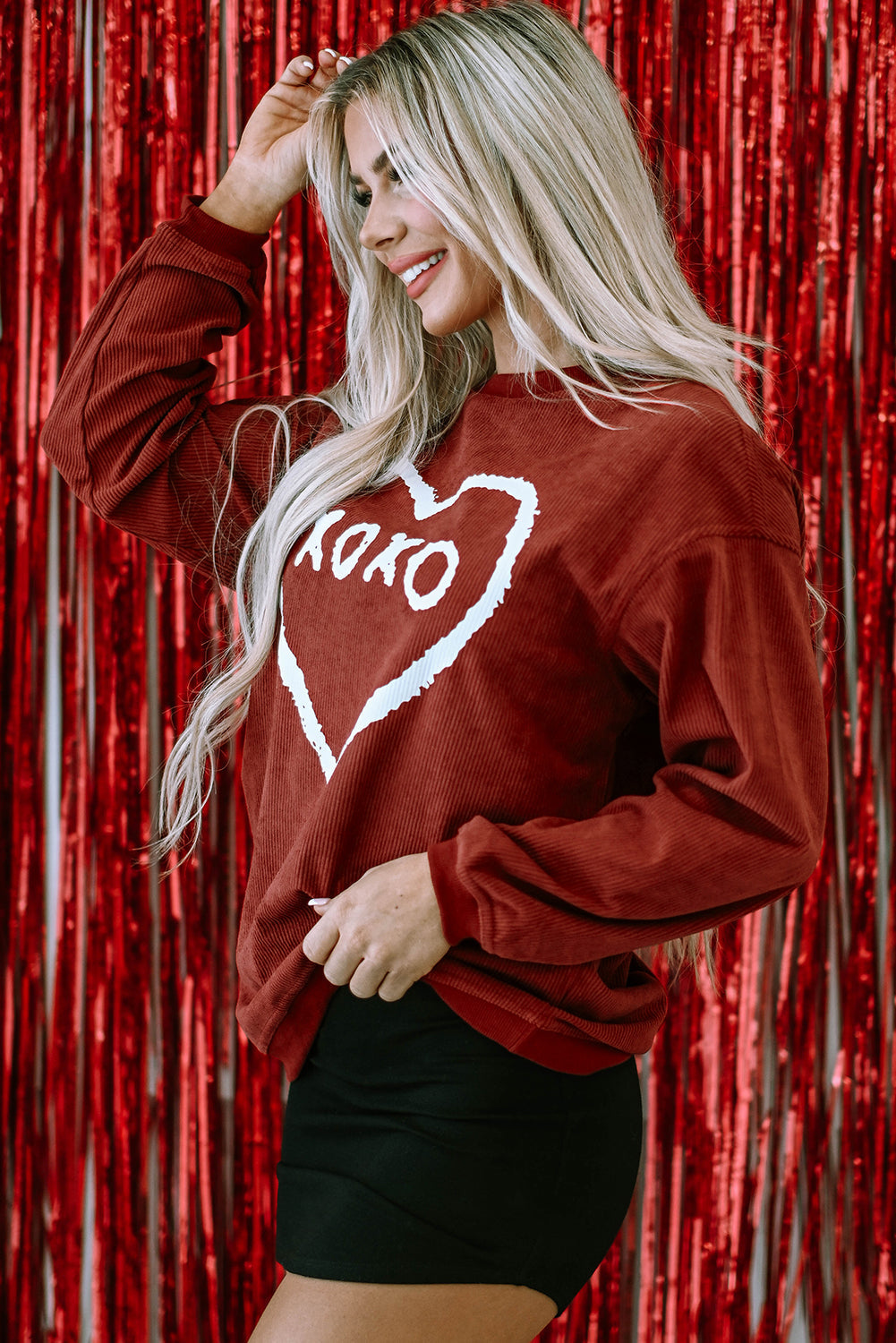 Racing Red XOXO Heart Shape Graphic Corded Sweatshirt