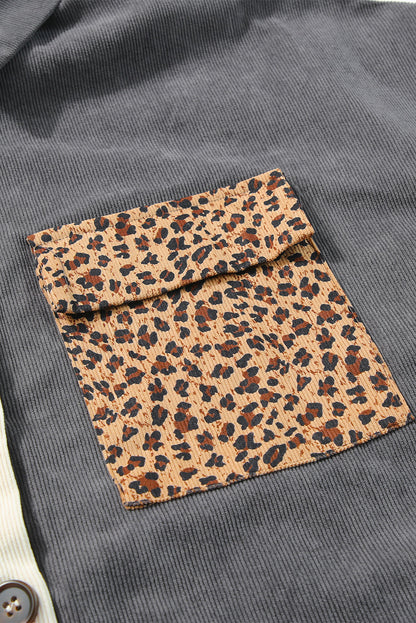 Gray Color Block Leopard Patched Corduroy Shacket