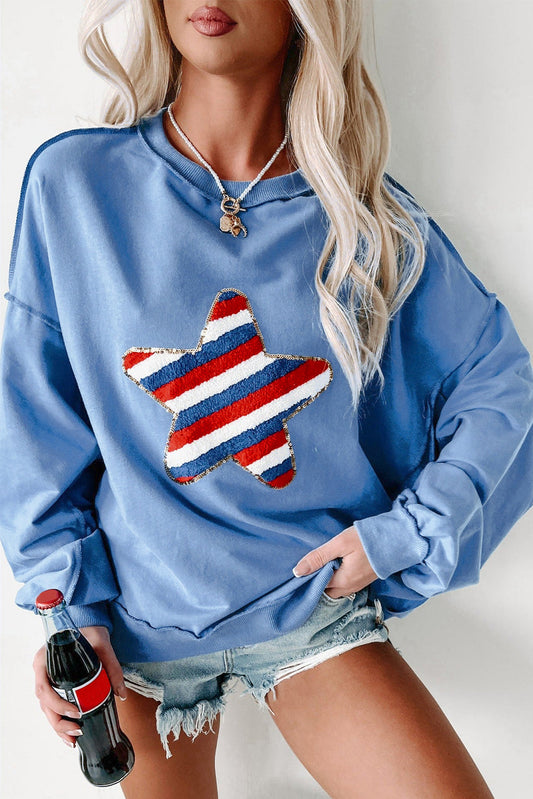 Sky Blue Sequin Trim Embroidered Star USA Pattern Sweatshirt