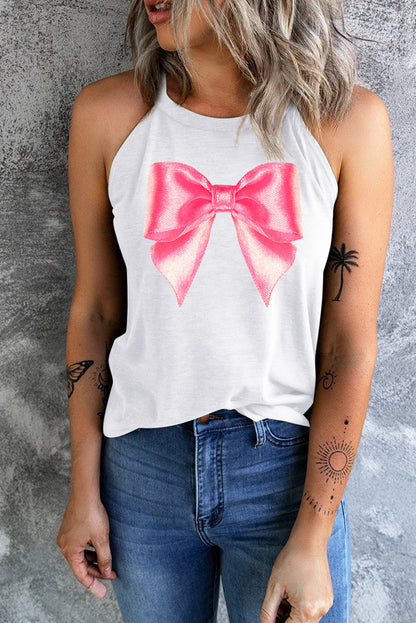 White Bow Tie Print Slim Fit Sleeveless Top