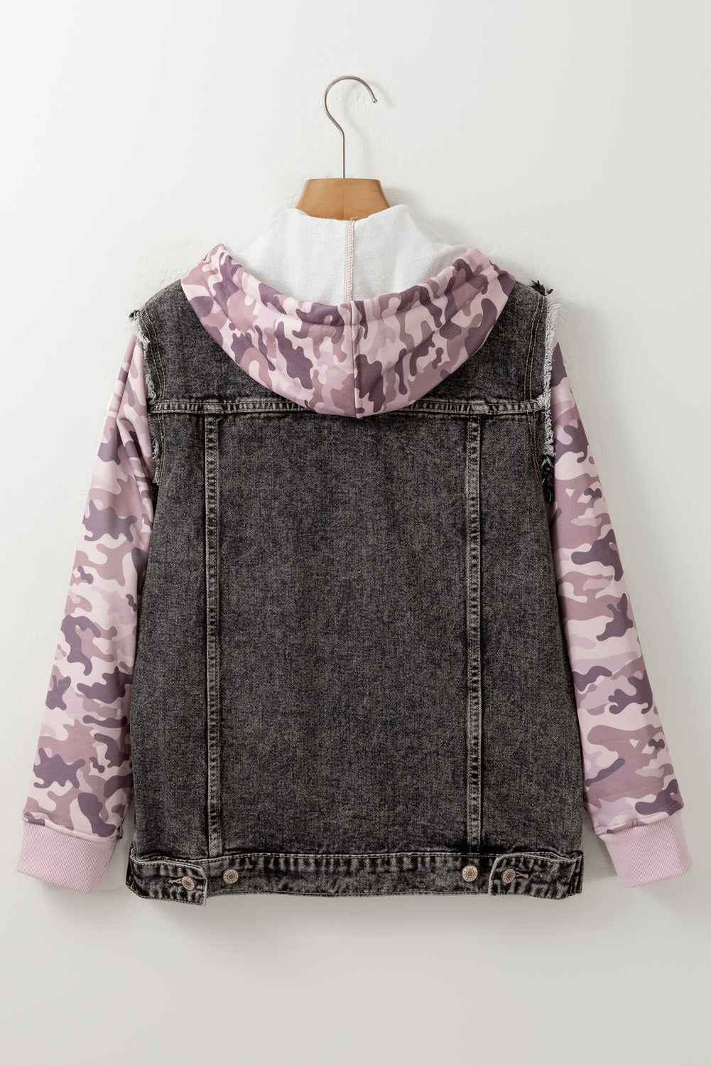 Black Camo Sleeve Hooded Buttoned Denim Jacket