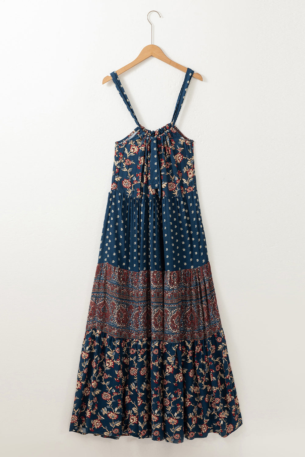 Blue Boho Floral Splicing Sleeveless Maxi Dress