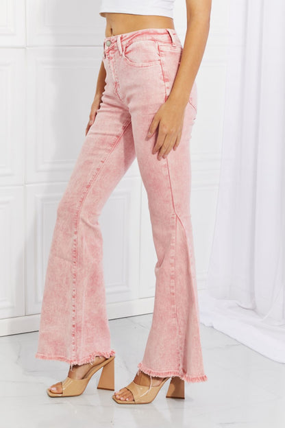 Color Theory Flip Side Fray Hem Bell Bottom Jeans in Pink