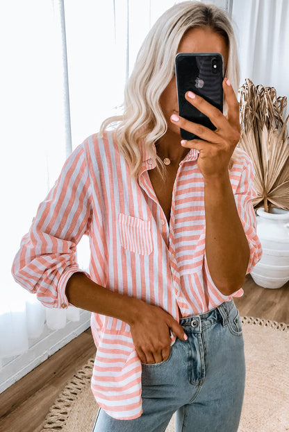 Pink Stripe Buttoned Long Sleeve Casual Shirt