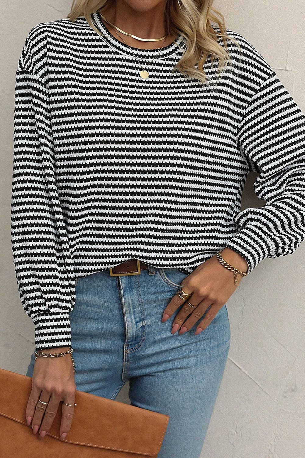 Black Stripe Round Neck Drop Shoulder Long Sleeve Top