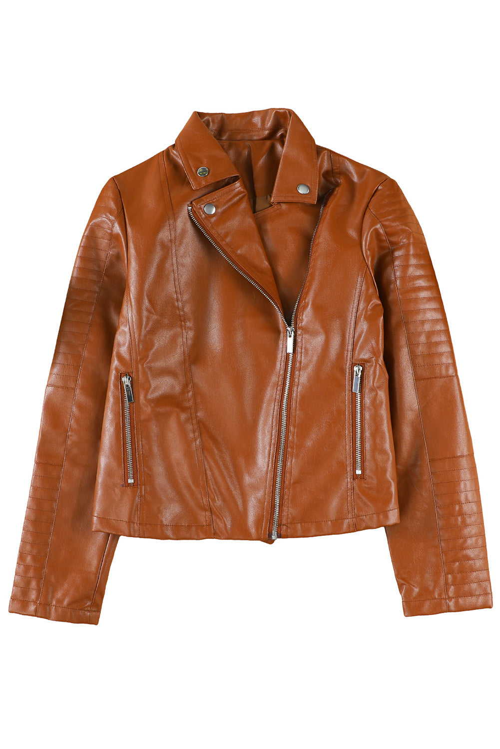 Brown Ribbed Seam Detail Faux Leather Zipped Motorcycle Jacket