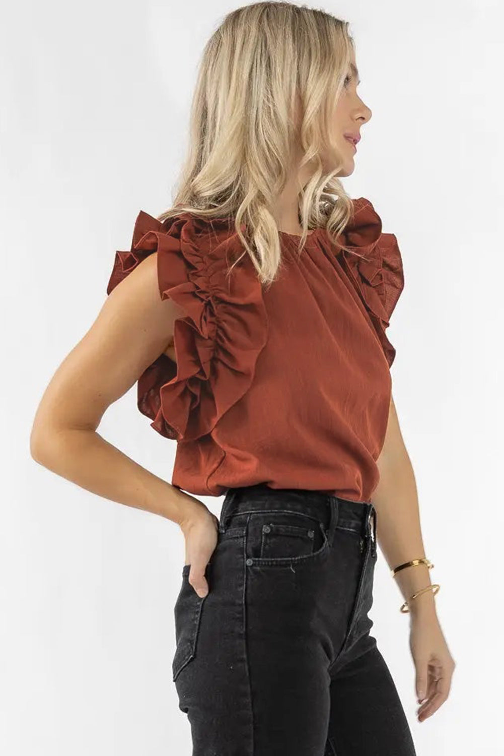 Red Sandalwood Ruffle Trim Sleeveless Blouse