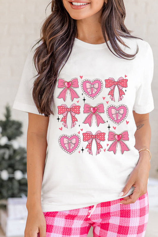 White Sweet Bow Heart Shaped Print Crew Neck Casual Tee