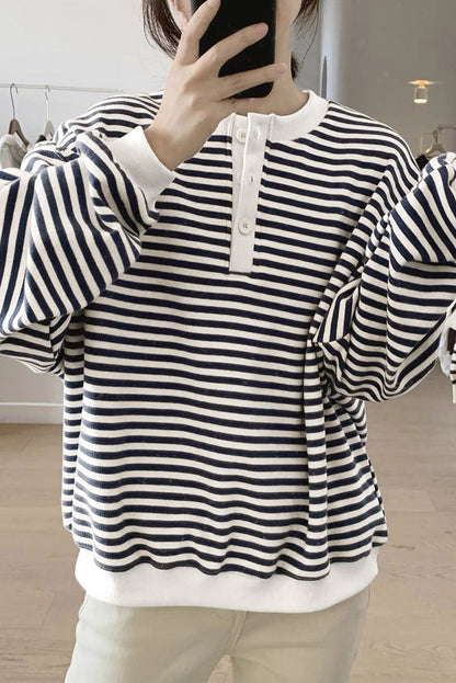 White Stripe Color Block Buttoned Crew Neck Oversized Sweatshirt