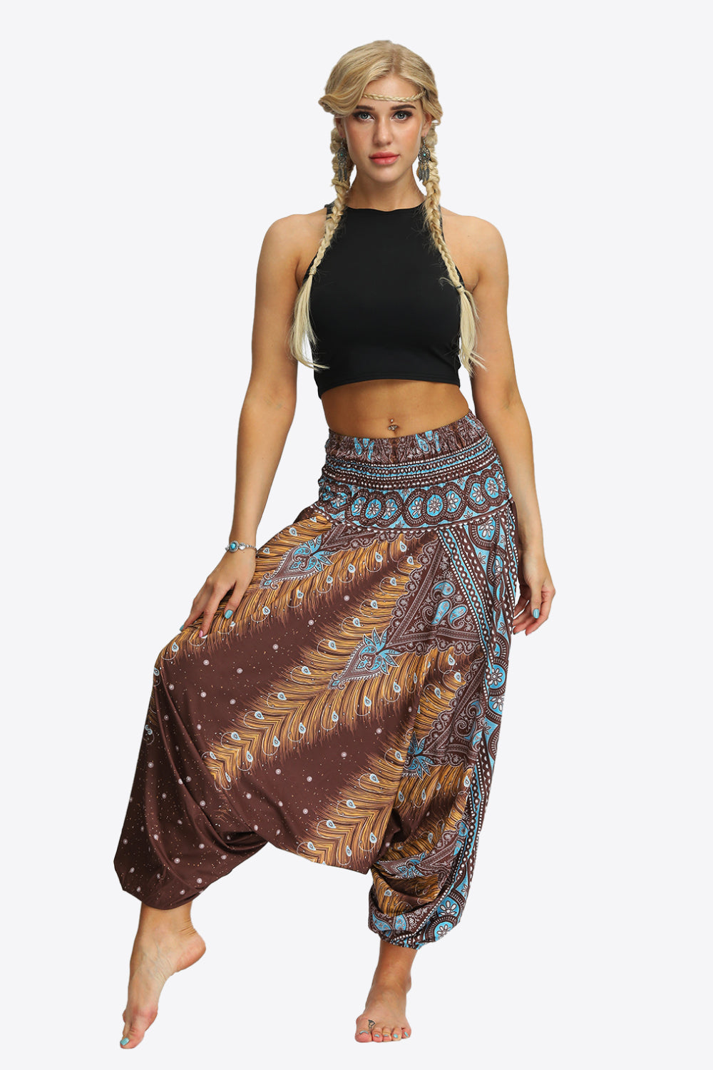 Printed Smocked Waist Harem Pants