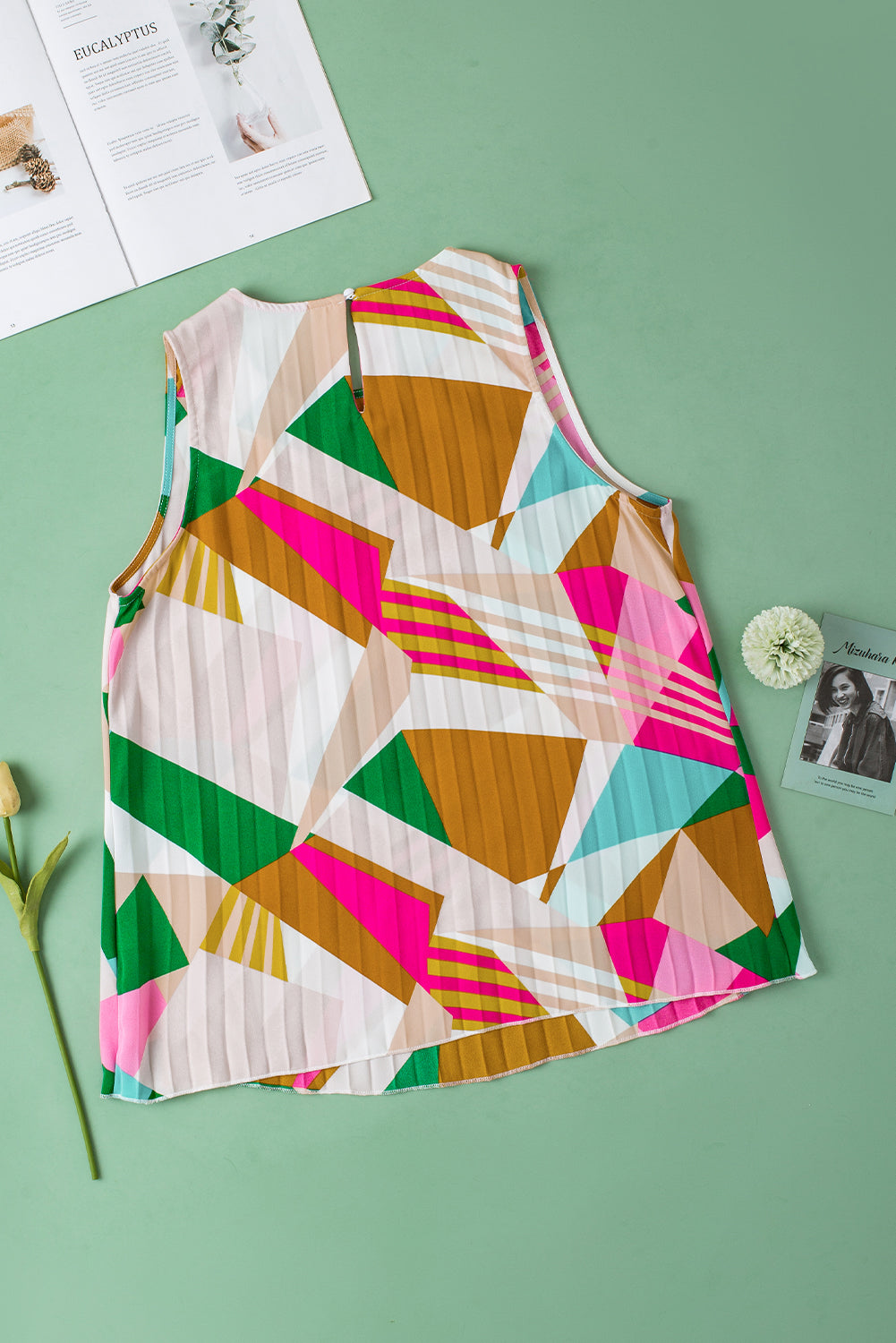 Multicolour Geometric Printed Pleated Shift Tank Top