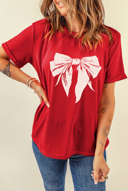 Red Cute Bow Knot Print Crew Neck T Shirt