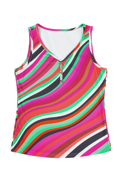 Purple Wavy Striped Buttoned V Neck Tank Top