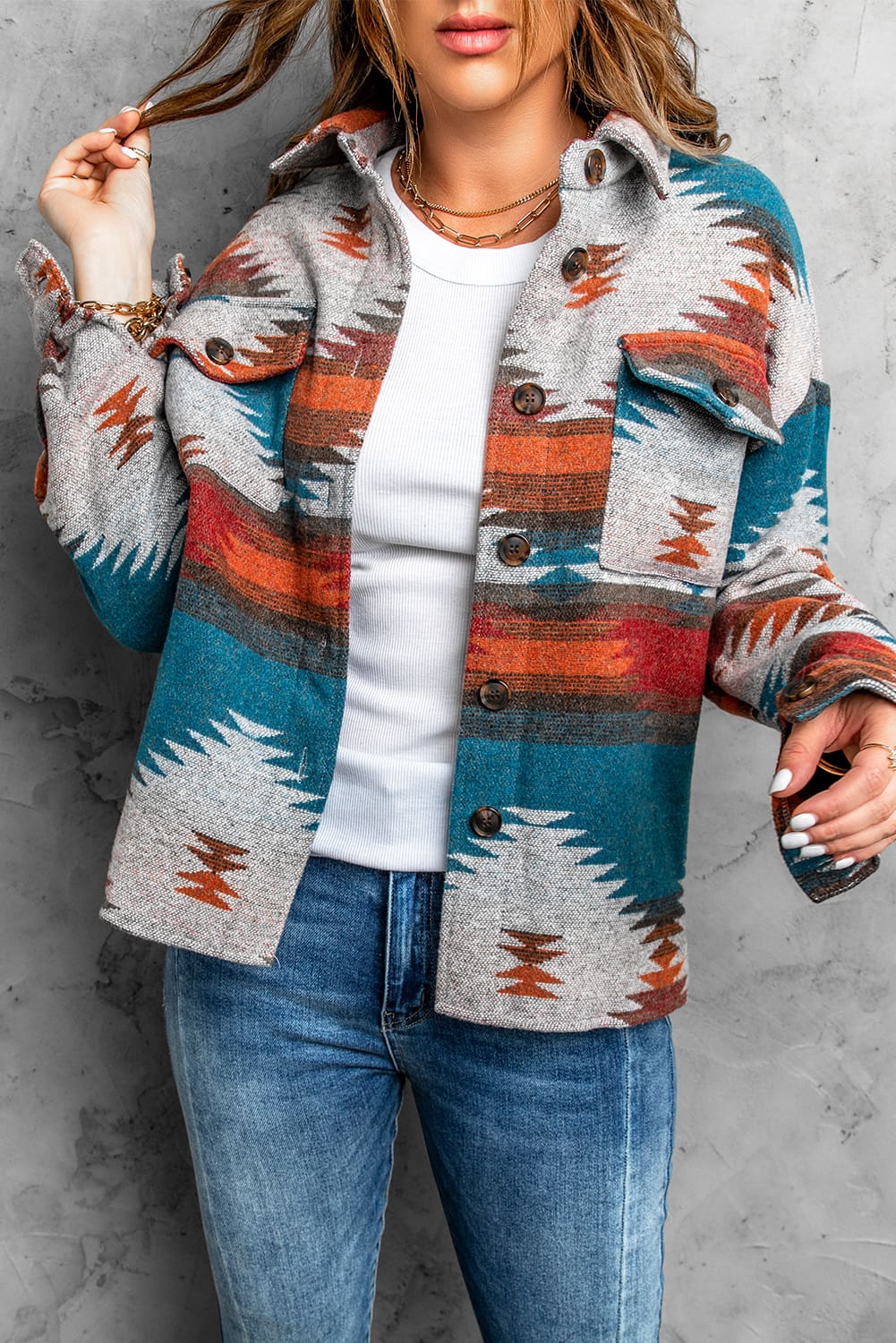 Multicolor Aztec Print Lapel Button Shirt Jacket