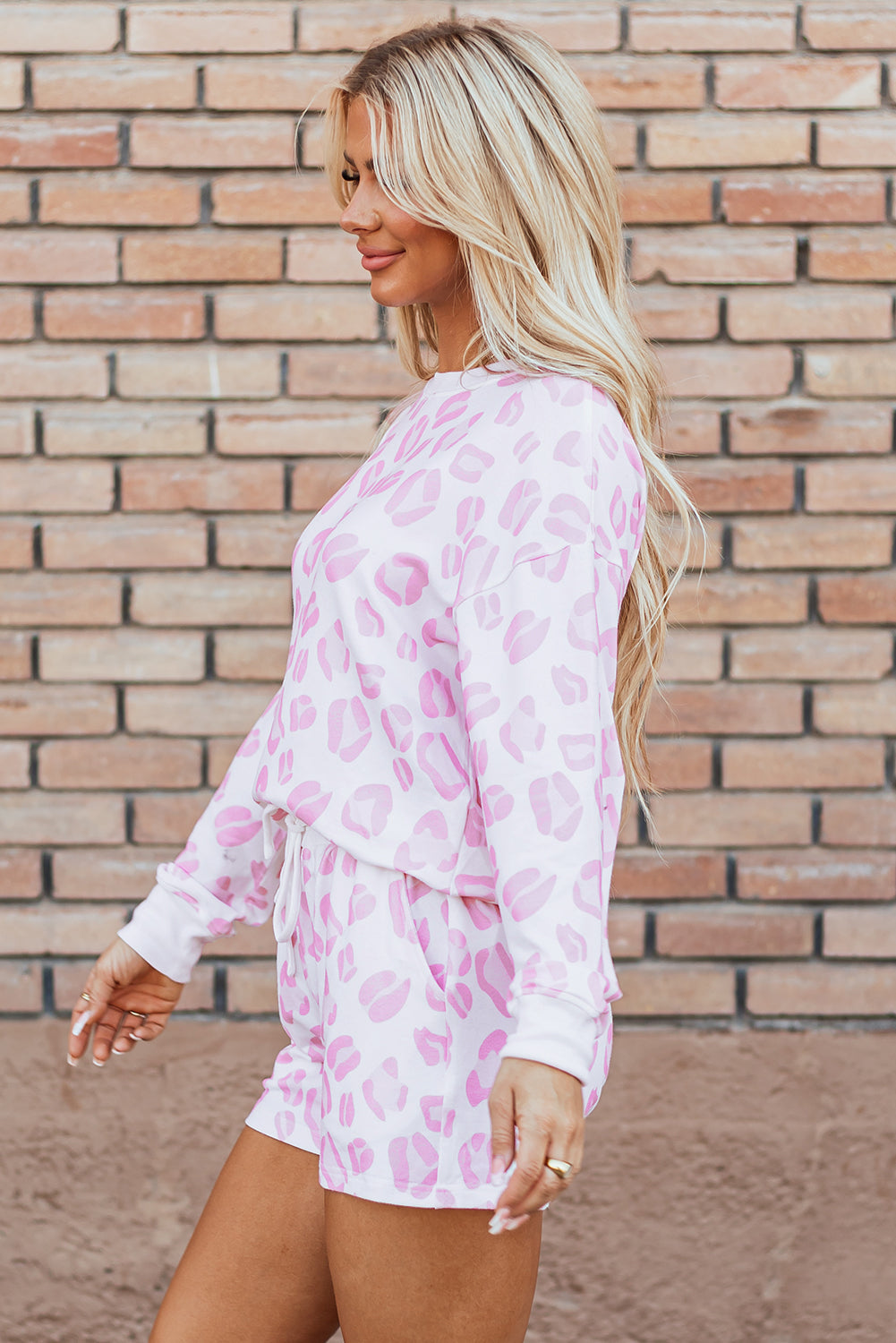 Pink Leopard Animal Print Pullover and Shorts Loungewear