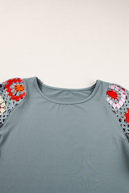 Medium Grey Floral Crochet Short Sleeve Top