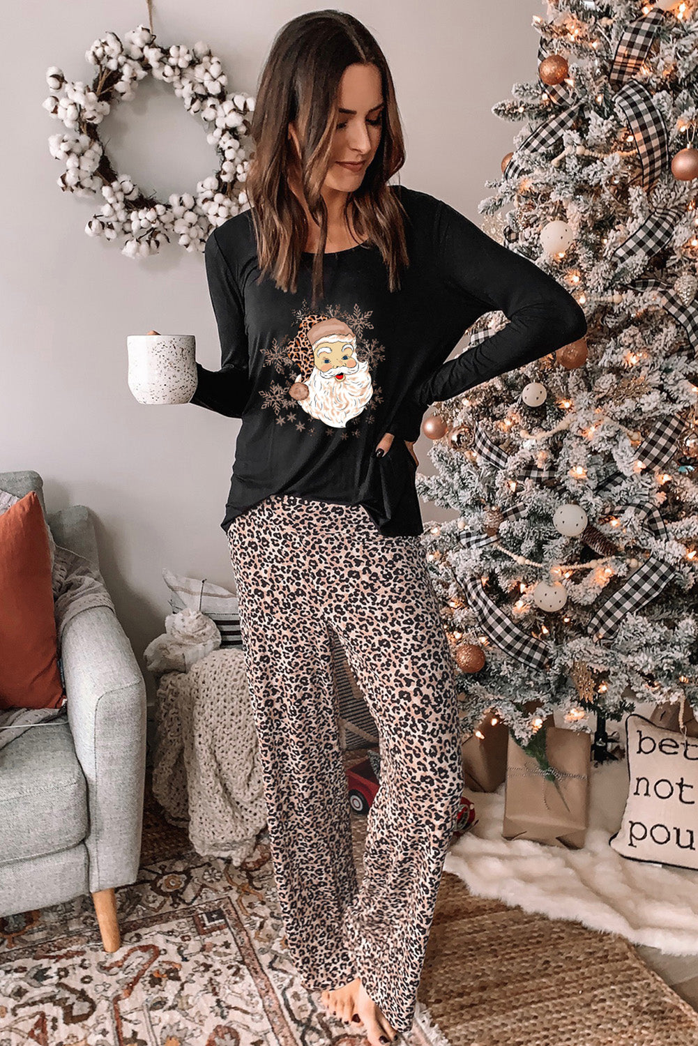 Leopard Christmas Santa Claus Leopard Print Two Piece Lounge Set