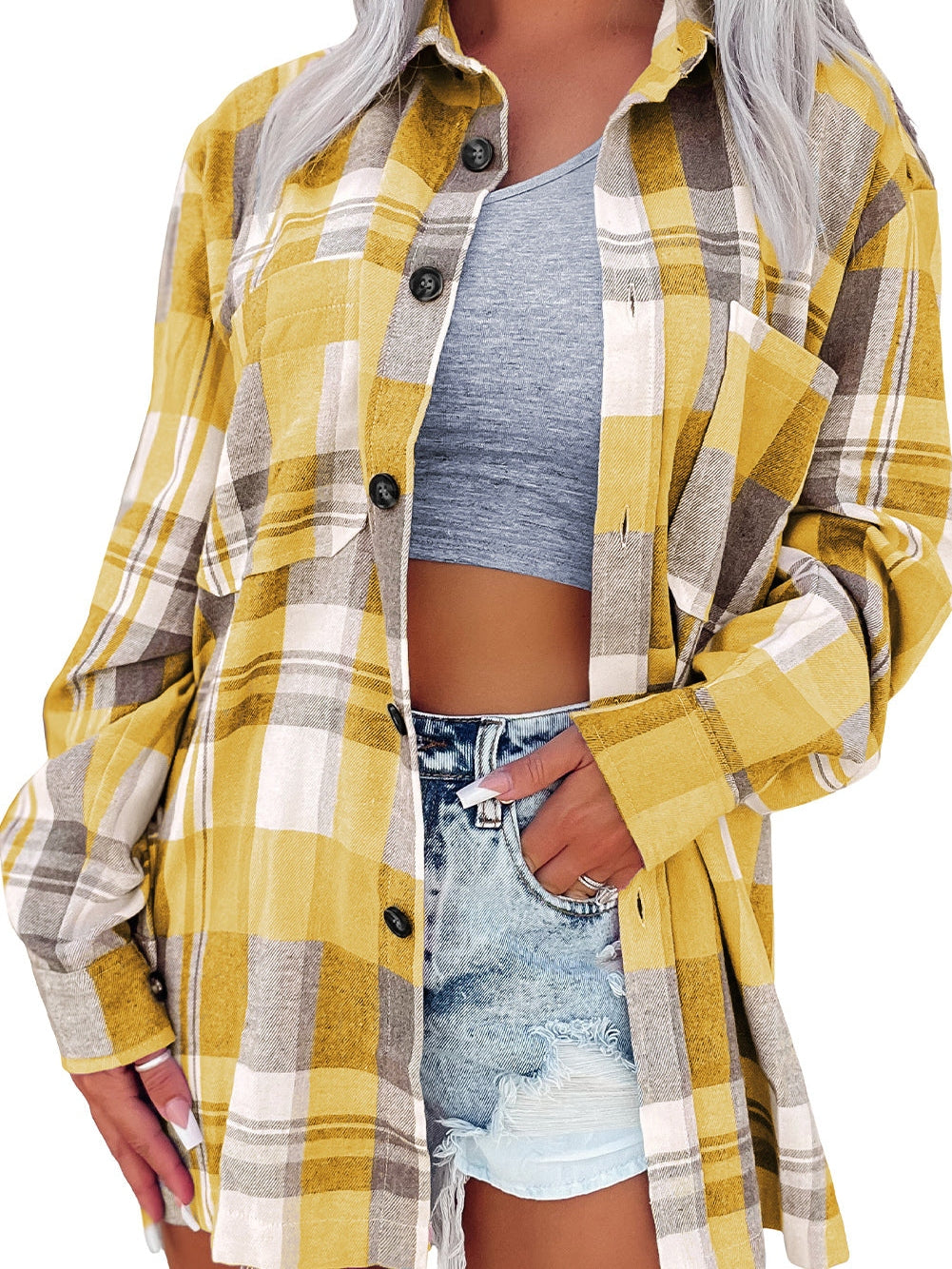 Lapel Collar Single Breasted Loose Plaid Wool Coat