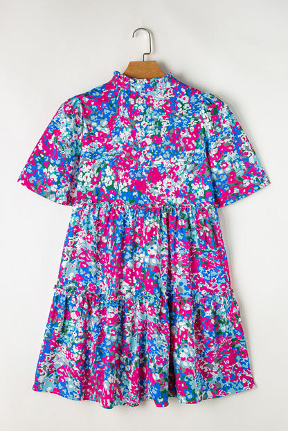 Multicolour Floral Short Sleeve V Neck Tiered Mini Dress