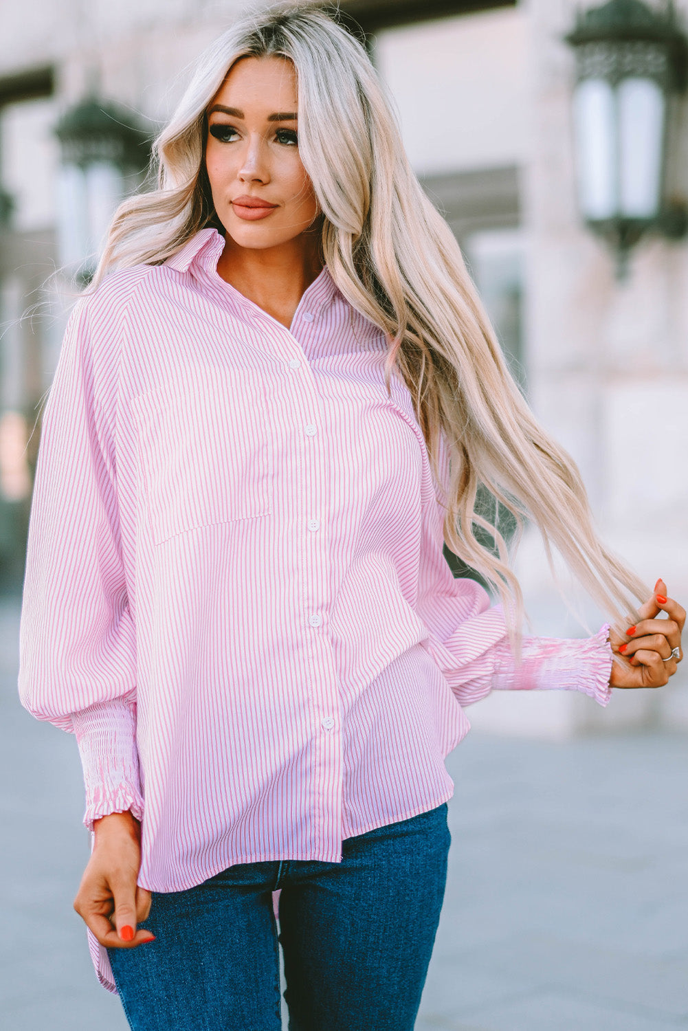 Pink Smocked Cuffed Striped Boyfriend Shirt with Pocket