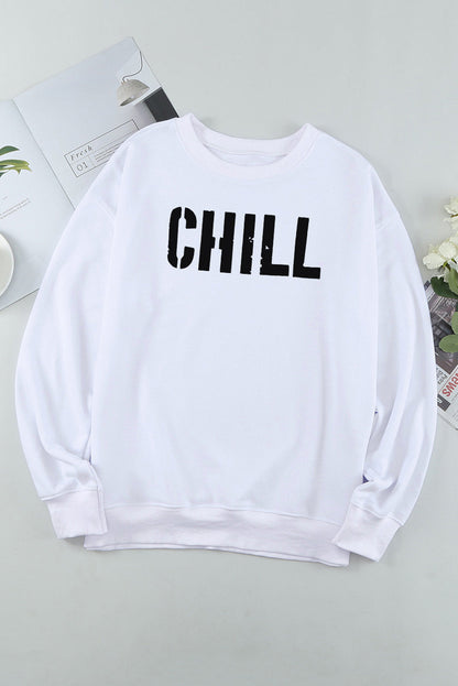 White CHILL Graphic Long Sleeve Pullover Sweatshirt