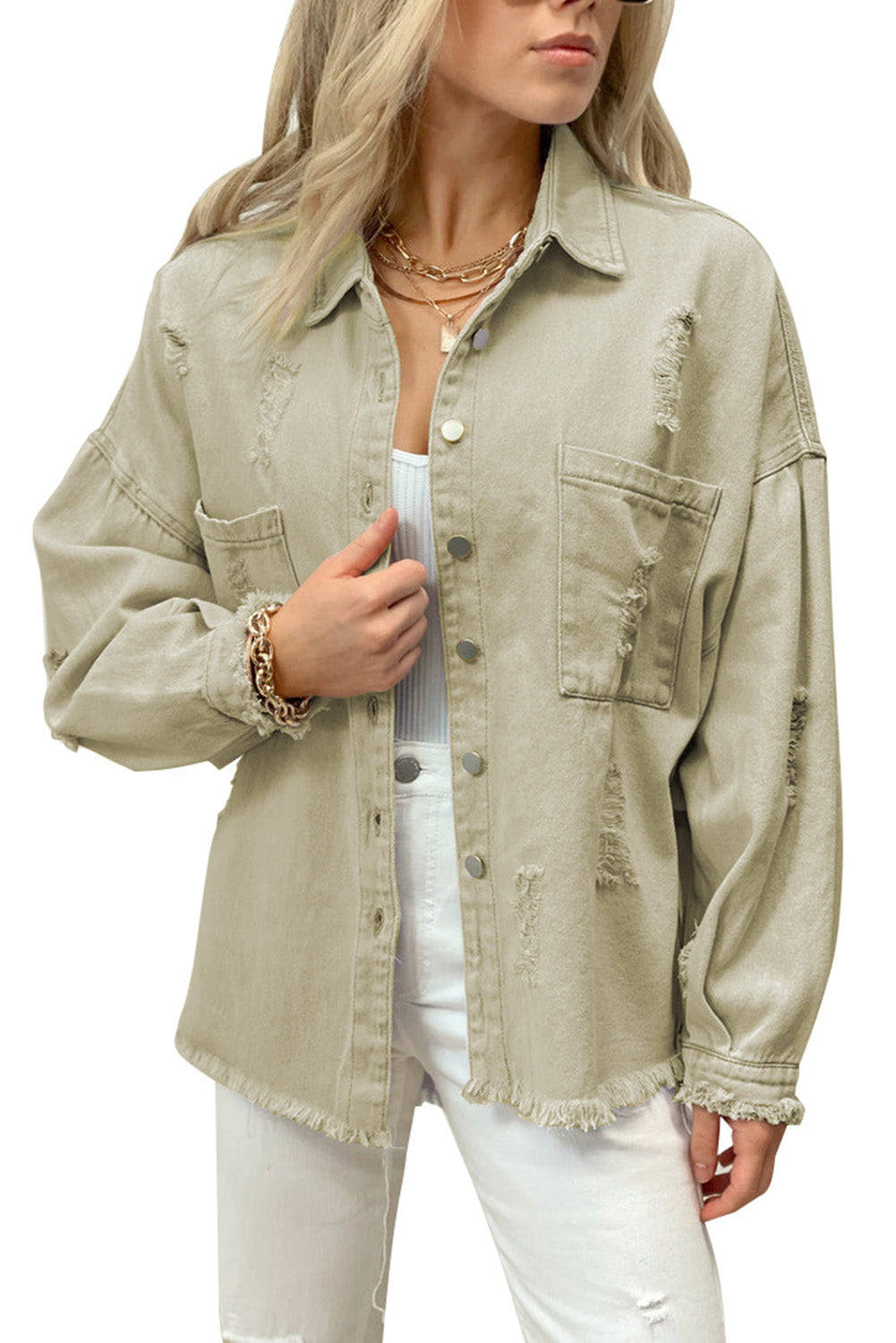 Green Distressed Fringe Trim Denim Jacket