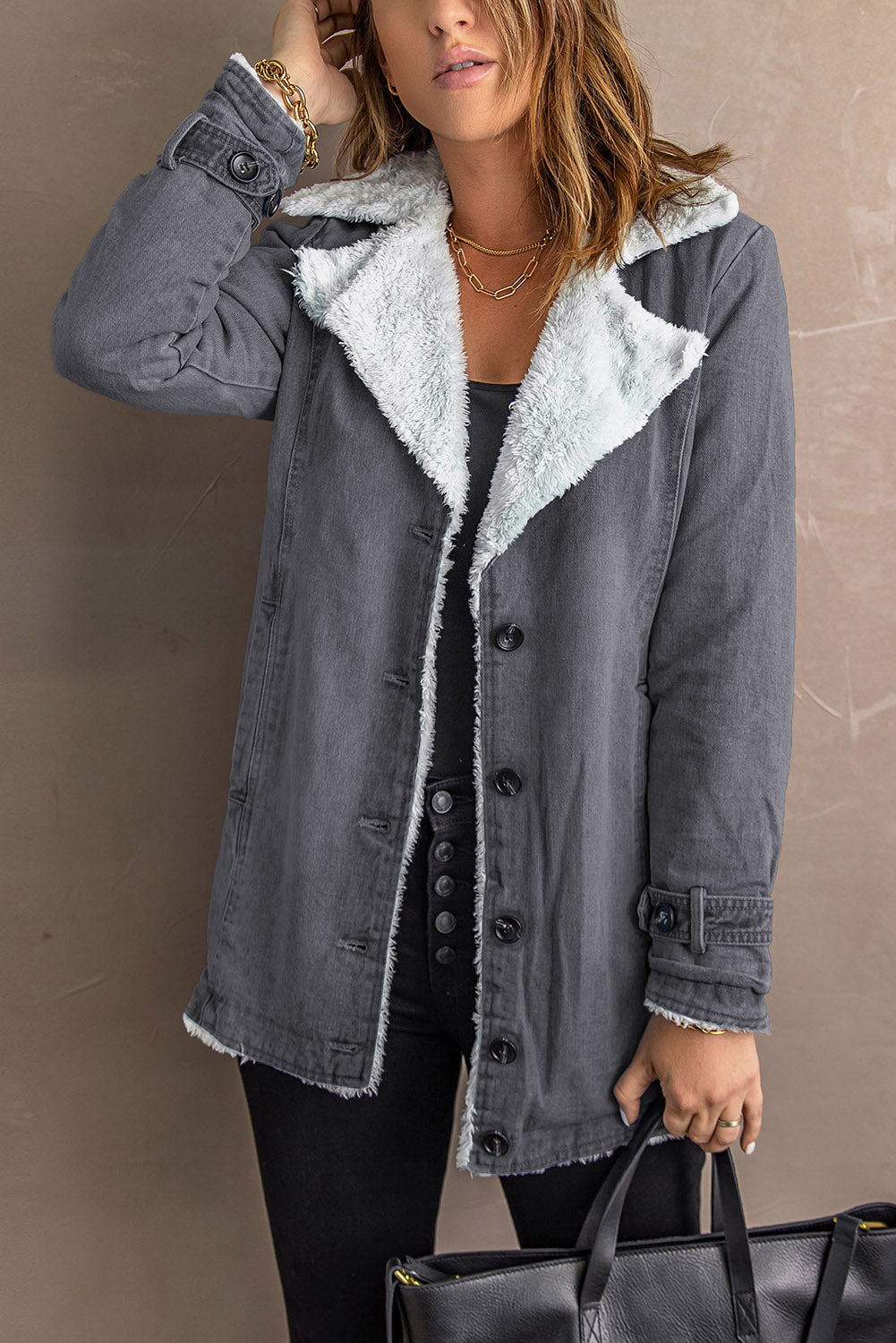 Gray Lapel Collar Button Fleece Jacket