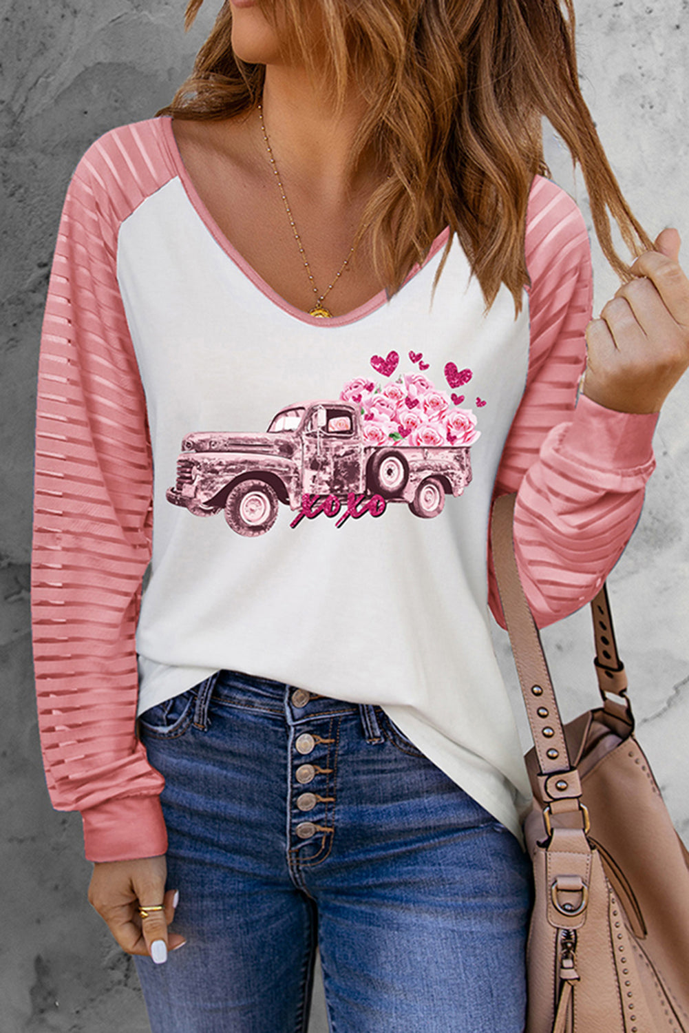 Pink Valentines Flower Car Graphic Striped Long Sleeve Top