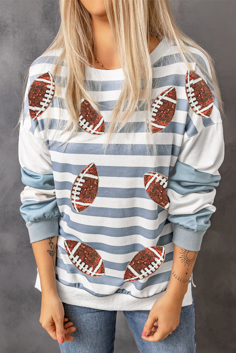 Stripe Sequined Rugby Football Pattern Pullover Sweatshirt