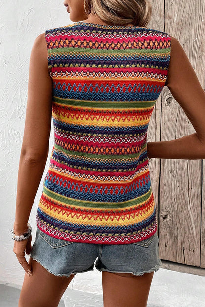 Yellow Ethnic Wavy Pattern Round Neck Sleeveless Top