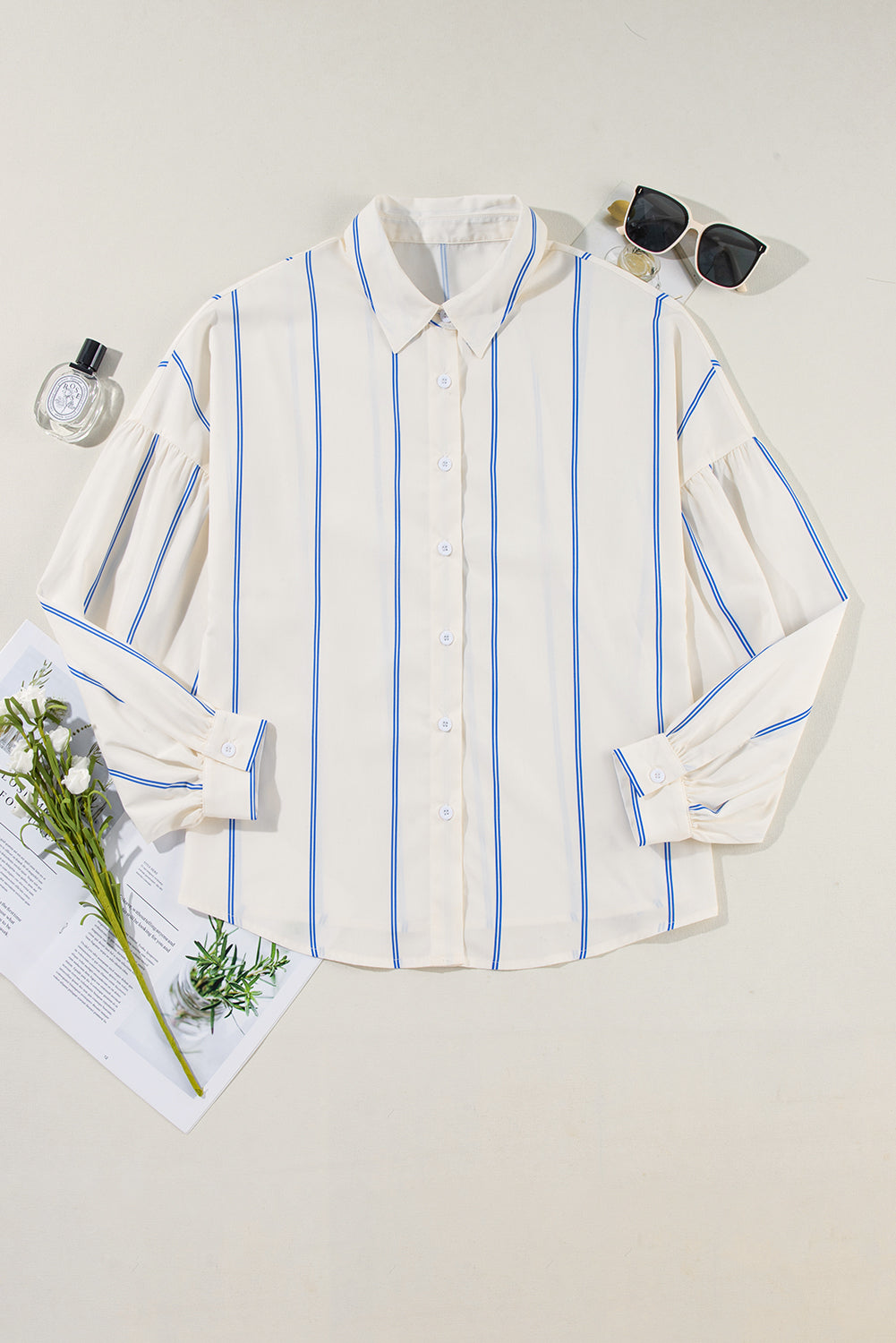 Sky Blue Stripe Drop Shoulder Bubble Sleeve Loose Shirt