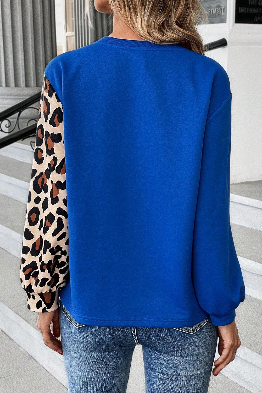 Dark Blue Leopard Print Colorblock Long Sleeve Top